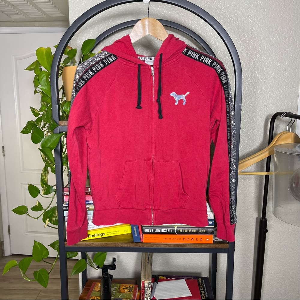 RARE PINK Victoria’s Secret Red Sequined Full Zip Hoodie Sweatshirt Size S